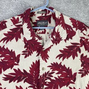 Eddie Bauer Weathered Linen Hawaiian Shirt Red Leaf Print Men's Large Button Up